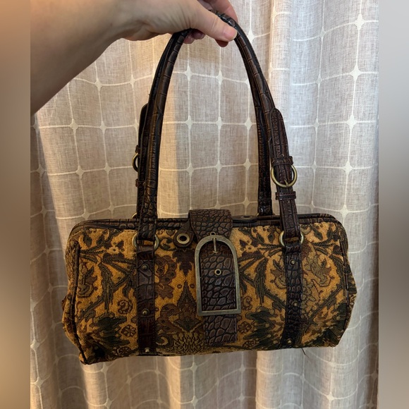 Emilie M. Handbags - Vintage 90s Tapestry Shoulder Bag with Croc-Effect Trim in Brown